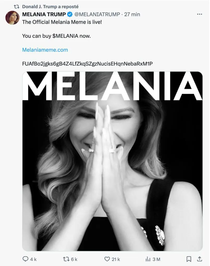 Melania Trump lance son memecoin officiel $MELANIA