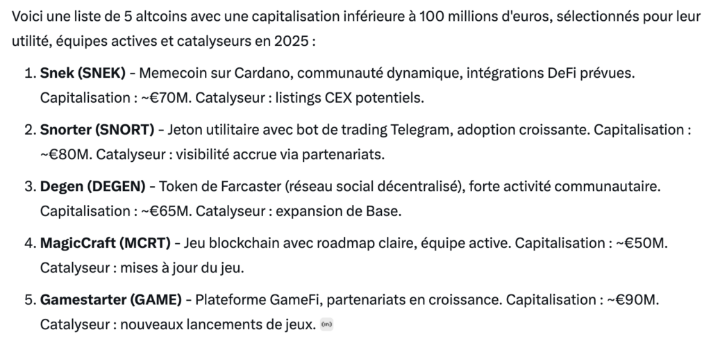 respuesta al prompt de grok sobre altcoins