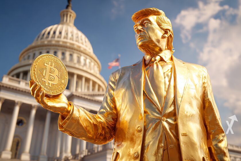 Une statue dorée géante de Donald Trump tenant un Bitcoin apparaît devant le Capitole américain