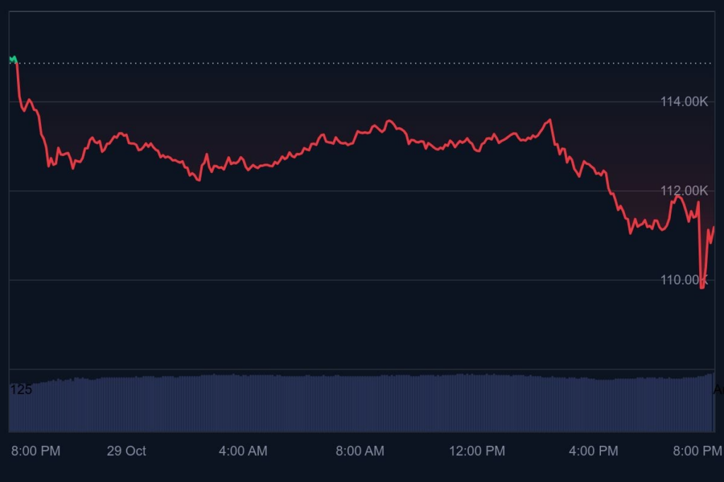 gráfico del precio del bitcoin con una curva roja que muestra la evolución del precio sobre fondo negro