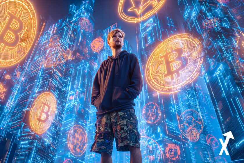 mrbeast crypto world youtube glowing city in blue and gold btc eth