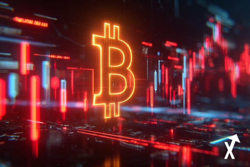 bitcoin btc glowing in orange, red background in trading chart red and blue