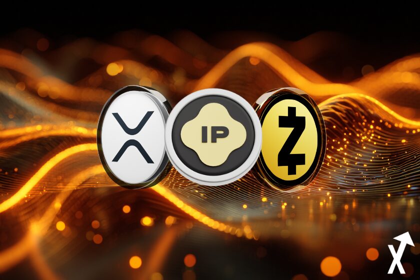 zcash. xrp ripple story ip coins sur fond orange et noir en forme de vagues cryptos