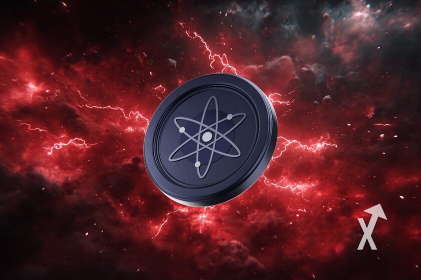 coin 3D du ATOM de Cosmos sur un fond d'univers rouge et noir