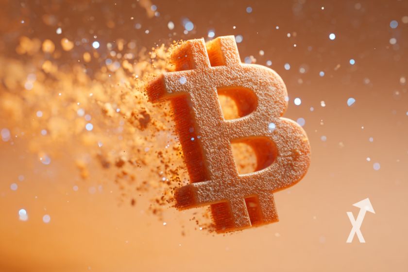 logo 3D bitcoin avec fumée orange derrière sur fond couleur sable