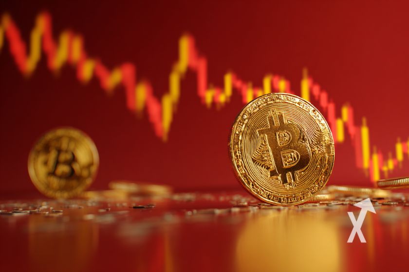Bitcoin coin 3D sur un fond rouge avec une trendline chart price en fond