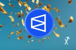 polymarket logo dans un fond bleu avec des billets dollars dans le ciel