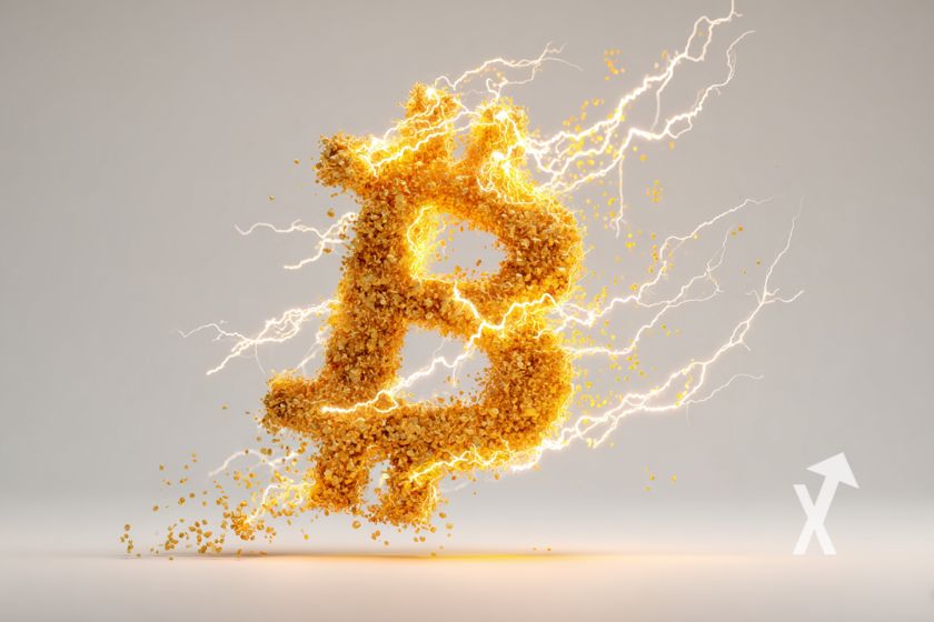 Bitcoin logo en jaune avec de l'électircité autour sur un fond gris