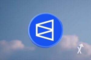 Logo de polymarket dans un ciel bleu avec un nuage