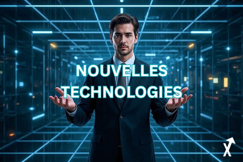Homme à costard debout avec écrit "Nouvelle Technologie" par dessus et un fond sombre et lumineux