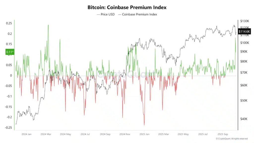 Un gráfico del precio de Bitcoin (BTC) en USD y el índice Coinbase Premium