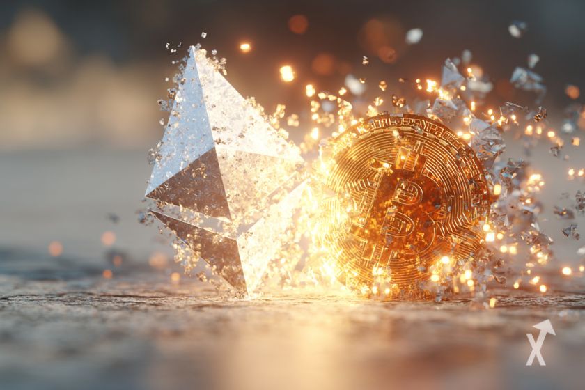 Les logos 3D de Ethereum et Bitcoin en pleine explosion de fragments