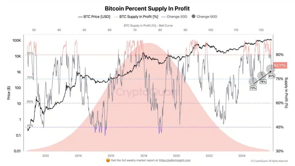 gráfico del porcentaje del supply en beneficios de los poseedores de Bitcoin