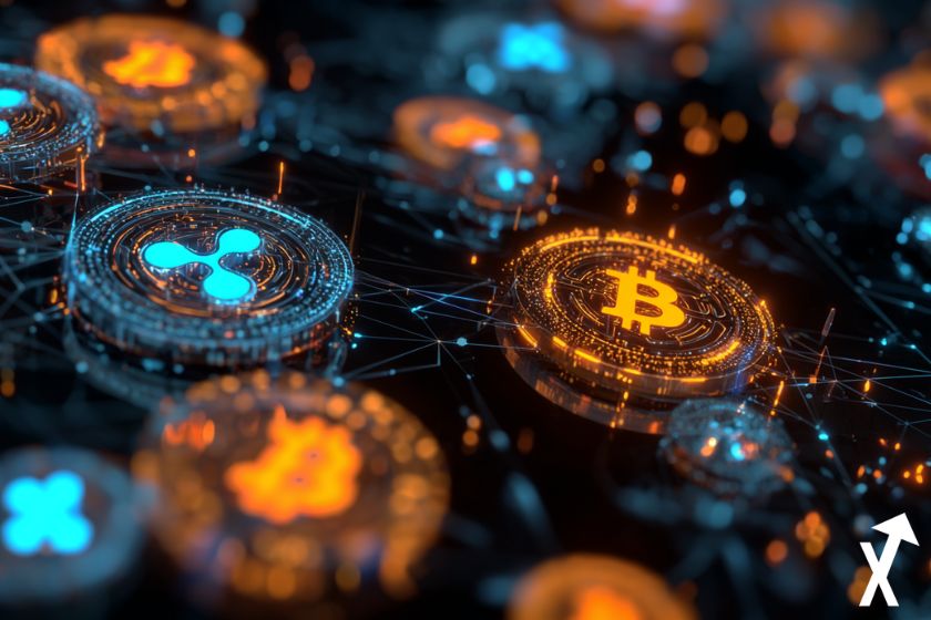 xrp blue coin et bitcoin orange neon sur fond blockchain crypto