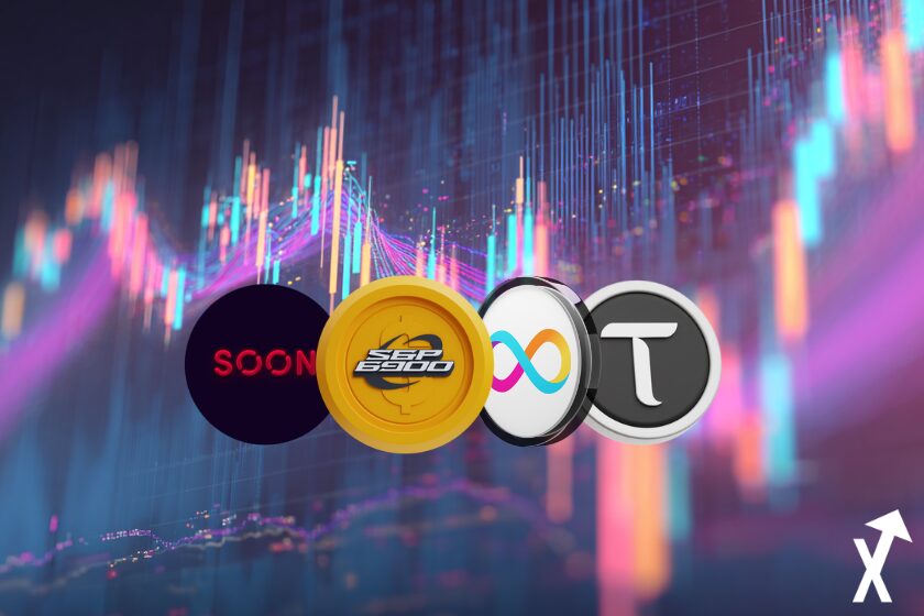 icp tao spx6900 SOON Cryptos coins sur fond trading charts colorées