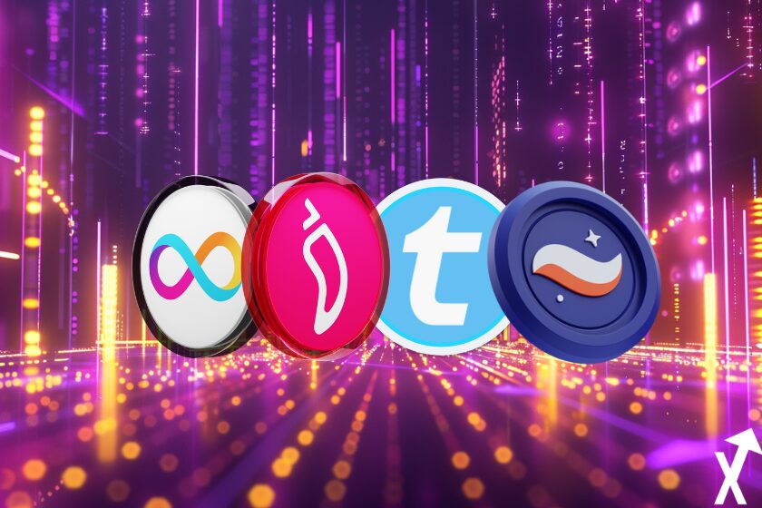 ICP STRK TEL COINS sur fond coloré trading charts cryptos