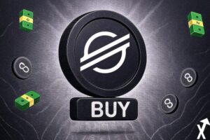 Stellar xlm coin noir et blanc sur fond noir liasses de billets vertes sur les côtés