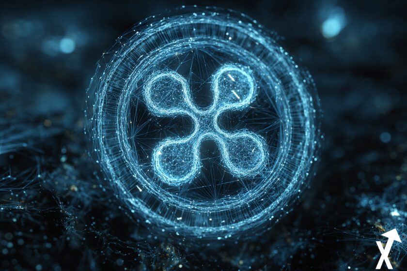 XRP coin bleu electrique sur fond lumineux bleu