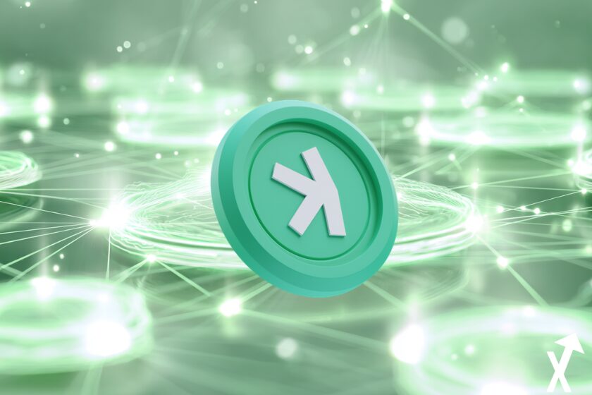 Kaspa coin vert blanc sur fond blockchain vert blanc