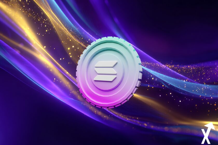 solana coin violet rose sur fond coloré bleu violet jaune crypto