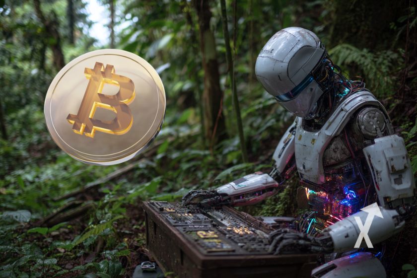 image d'un bitcoin dans une forêt avec un coin Bitcoin en gris