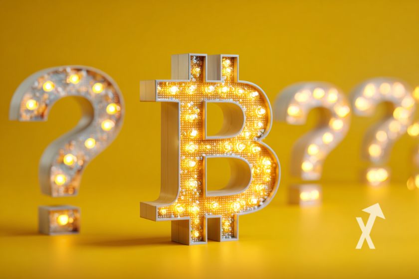 Logo du Bitcoin avec des lumières et des points d'interrogation en lumière sur un fond jaune