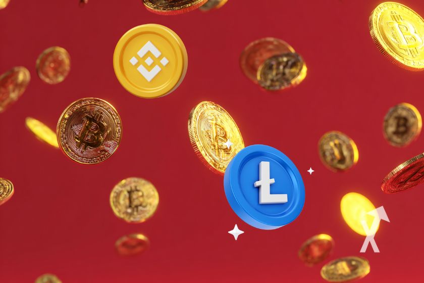 coin Litecoin et BNB sur un fond rouge avec des jetons Bitcoin qui volent autour