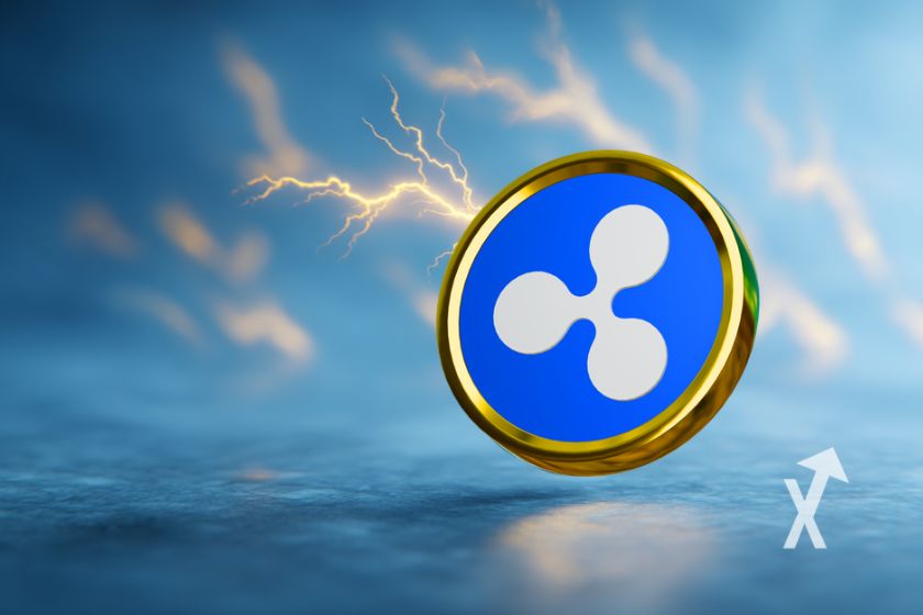 coin XRP ripple avec fond bleu et des élcairs derrière