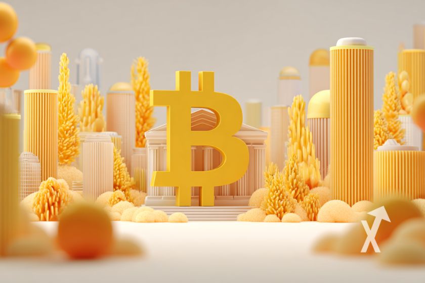 Logo Bitcoin jaune sur un fond blanc avec des piliers et arbres jaunes autour