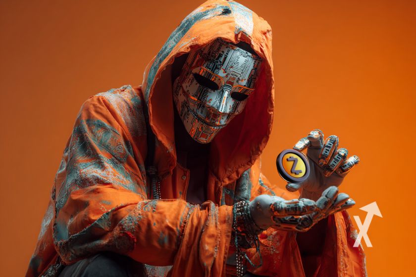 Homme masqué avec un vêtement à capuche orange syr un fond orange et un jeton Zcash entre ses mains
