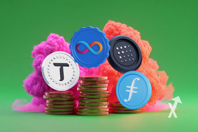 coin ICP, FIL, TAO et FET sur un fond vert avec une explosion de fumée rose et vilette derrière