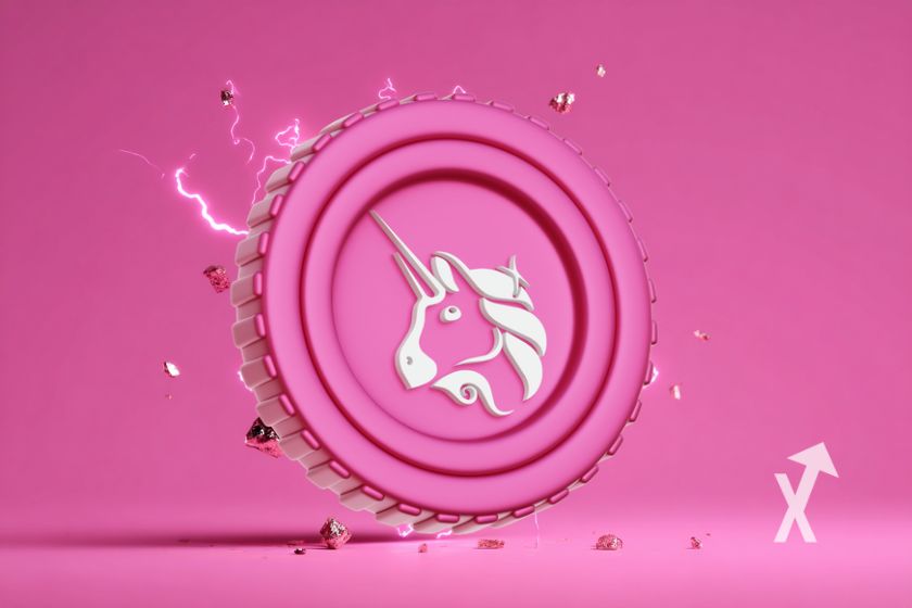 coin UNI de Uniswap en rose sur un fond rose avec des éclat de pierre derrière