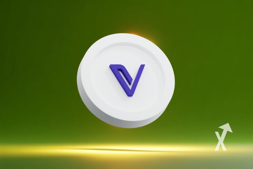 coin VET Vechain sur un fond vert avec une lumière jaune en dessous