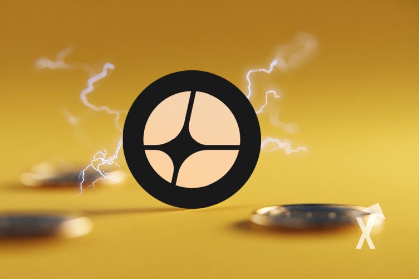 coin Aster sur un fond jaune avec de l'électricité autour et des tokens posés sur le sol