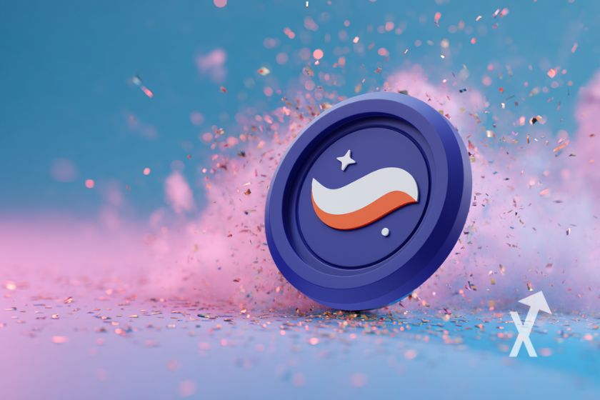 coin Starknet strk sur un fond bleu et rose avec fumée rose