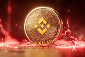 coin Binance BNB dans un fond rouge et noir avec de l'électricité rouge autour