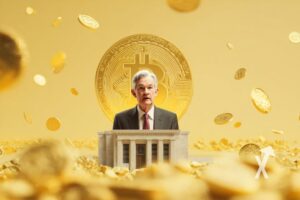 Jerome Powell avec un fond jaune et un bitcoin derrière lui. Il est derrière un pupitre blanc avec des coins Bitcoins qui volent