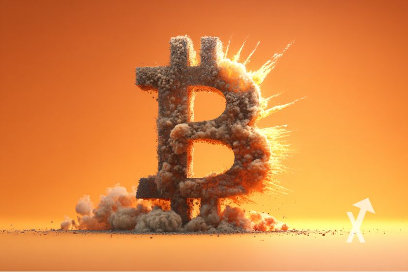 logo Bitcoin qui explose sur un fond orange