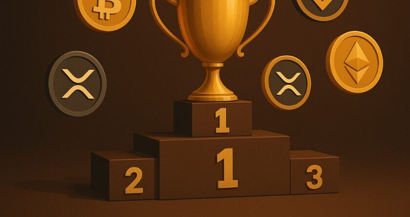 Un podium avec une coupe sur la première place et des cryptomonnaies BTC, XRP, ETH tout autour