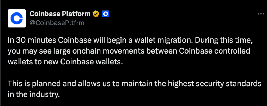 Tweet X de coinbase que habla de la migración de fondos a otra wallet
