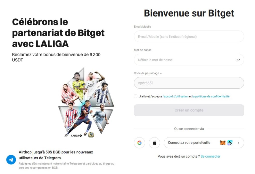 La page d'accueil du site de Bitget pour s'inscrire sur la plateforme