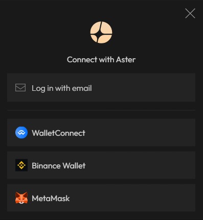 Une fenêtre du site d'Aster permettant de se connecter avec une adresse mail ou de lier des wallets existants