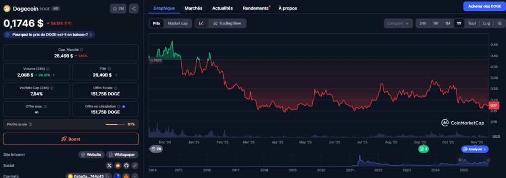 Un gráfico de precios de Dogecoin que revela su evolución durante el año pasado