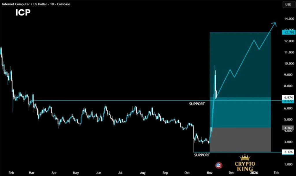 graphique de prix de l'icp avec des bougies bleues et blanches