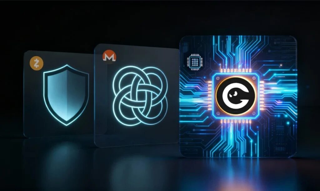 3 logos de criptomonedas en un entorno digital futurista