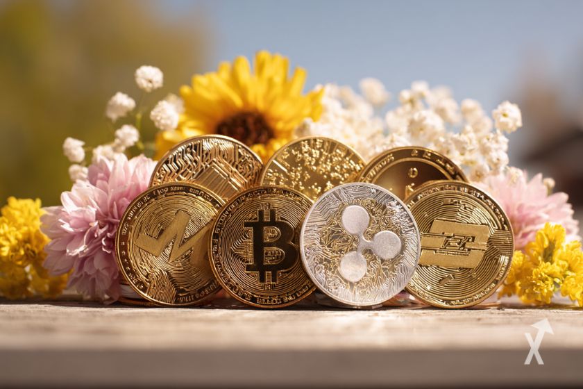 Plusieurs tokens de crypto devant des fleurs lors d'un jour ensoleillé