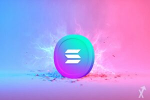 coin solana sol avec de l'électricité autour et un fond bleu et rose