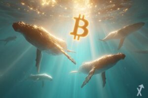 plusieurs baleines avec un coin bitcoin dans l'eau