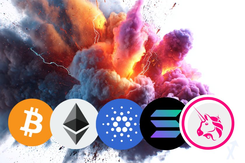 logo btc eth ada sol uni sur un fond d'explosion de couleurs