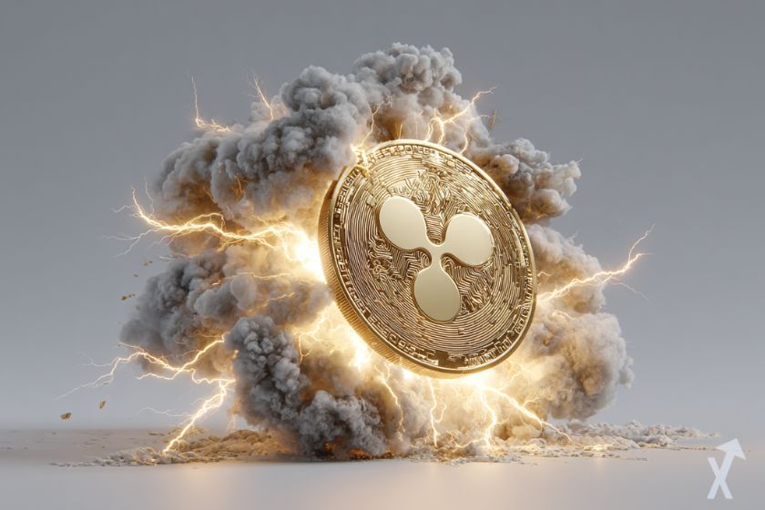 coin 3D xrp ripple doré, dans une explosion de fumée et d'éclairs
